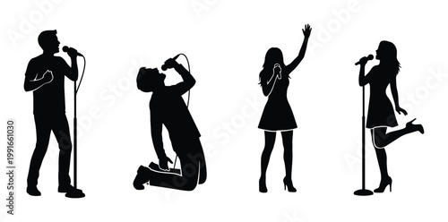 Singer silhouettes collection, male and female vocalists performing with microphones, black music artist vector set on white background