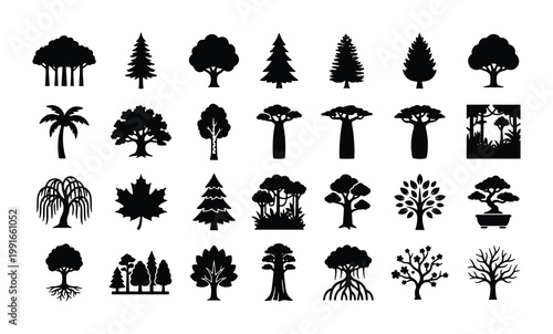 Black tree silhouette icons set, 28 nature plant vector elements, minimalist forest and garden tree symbols for landscape design and environmental branding
