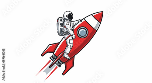 Stylized astronaut rides a red rocket ship through space with motion blur