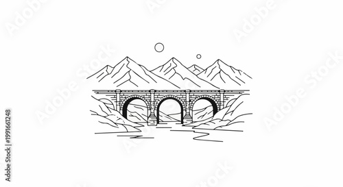 Stone bridge spans river beneath jagged peaks and celestial bodies