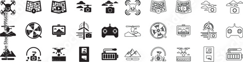 Set of 36 Drone Technology and Remote Control Black Line Icons Vector
