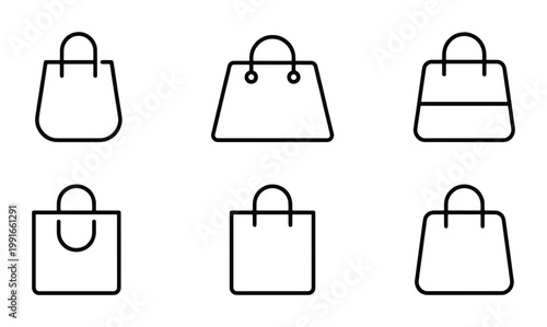 Minimalist shopping bag icon set, 6 black outline retail handbag vectors, modern e-commerce purchase symbols for web and mobile apps