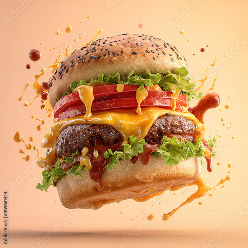 Big burgur made from natural organic meat and vegetables cooked in a josper for a festive party on a white background