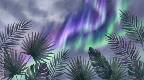 Vibrant Aurora Borealis Illuminating a Stormy Sky Over Lush Tropical Foliage in a Serene Landscape