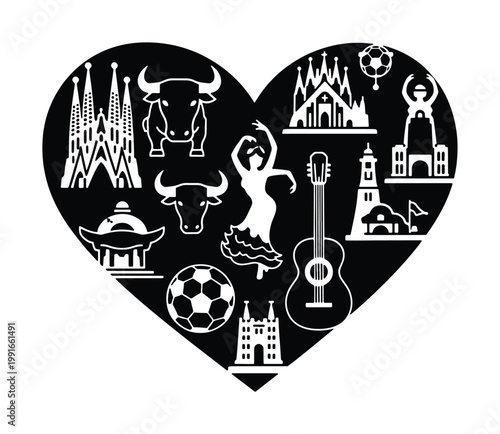Spanish culture heart silhouette vector, traditional icons of Spain with flamenco dancer and bull, travel landmarks and soccer ball illustration