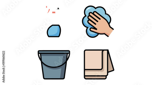 Cleaning Essentials: An illustrated compilation of cleaning tools: sponge, hand with rag, bucket and towel, ready for use.