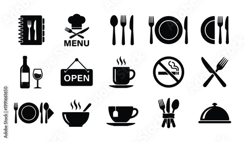 Restaurant icon set with 15 black vector symbols, dining and cafe flat icons, kitchen cutlery and food service signs for menu design