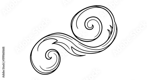 Elegant decorative black and white swirl scroll ornament on an isolated white background.
