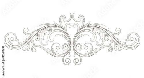 Ornate swirling classic scroll border element in detailed black and white on an isolated white background.