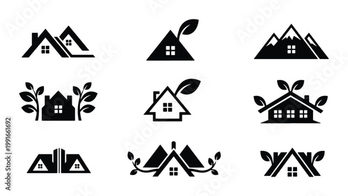Eco-friendly house logo collection, 9 green home icons with leaves and mountains, sustainable real estate branding set, black minimalist vector graphics