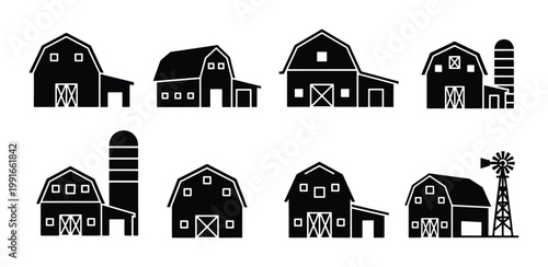 Rustic barn icons set, black farm building silhouettes with silos and windmills, 8 agricultural vector elements for rural landscape design