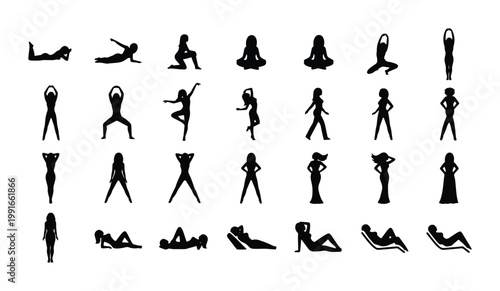 Black female silhouettes set, 28 woman figure icons in various poses, yoga and fitness body shapes, feminine fashion and lifestyle vector collection