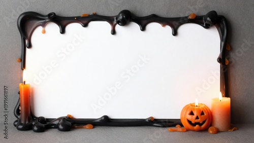 Halloween Themed Decorative Frame with Candles and Pumpkin on a Shimmering Background