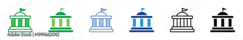Government Building Icon Set – Courthouse, Institution, Public Office, Law and Administration Architecture Vector Illustration Collection