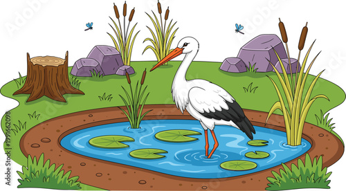 Stork standing in pond cartoon nature scene with water lilies and reeds vector illustration