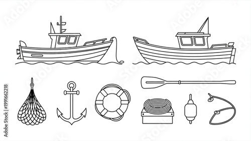 Fishing Boat Line Icon Set Marine Vessel, Nets & Nautical Equipment Collection