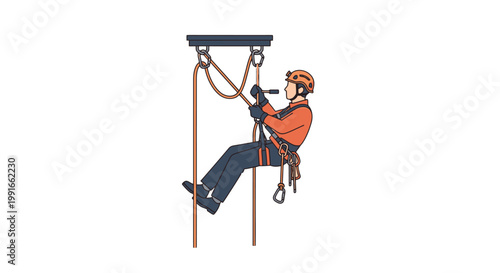 Adventurous person rappelling down a cliff using ropes and safety gear, equipped with helmet and harness, isolated white background.