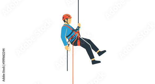 Man wearing safety gear climbing down.