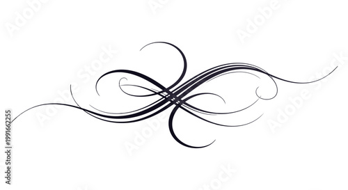 Elegant ornate floral swirl design element in black and white, perfect for decorative borders or accents, isolated white background.