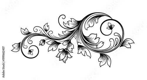 Highly detailed black and white ornate floral scroll design element with intricate swirls, leaves, and flowers on an isolated white background.
