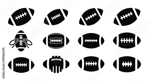 American football icon set, 12 black silhouette sports ball symbols, minimalist rugby ball vector illustrations for athletic branding and game apps