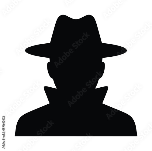 Mysterious detective silhouette vector, anonymous man in fedora hat and trench coat, secret agent spy profile, noir style character icon