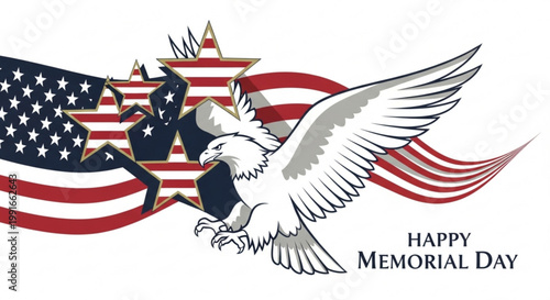 Bald eagle soaring with spread wings over american flag and stars memorial day celebration patriotic symbolism with red white blue colors
