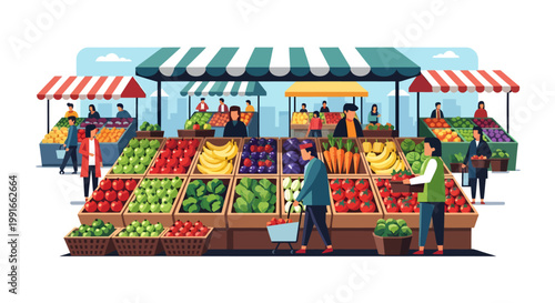 Vibrant outdoor market scene with fresh produce and people shopping