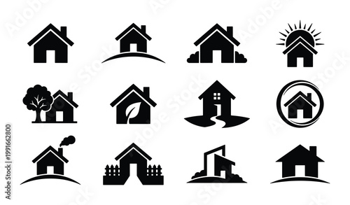 Minimalist house logo set, 12 black real estate icons, modern residential building silhouettes, property development and construction vector symbols
