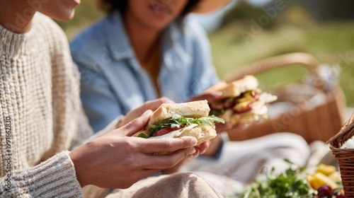 Two friends enjoying delicious sandwiches during a sunny outdoor picnic