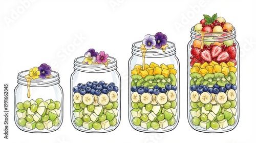 Colorful Arrangement of Fresh Fruits in Glass Jars on White Background with Edible Flowers