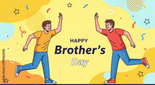 Two joyful cartoon brothers jumping and celebrating brother's day with vibrant stars and confetti on a yellow background