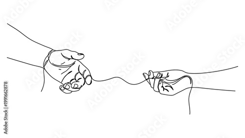 Continuous line art of two hands connected by a single thread.