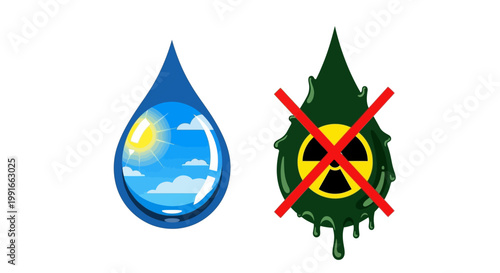 Conceptual illustration comparing clean water and toxic radioactive liquid waste.