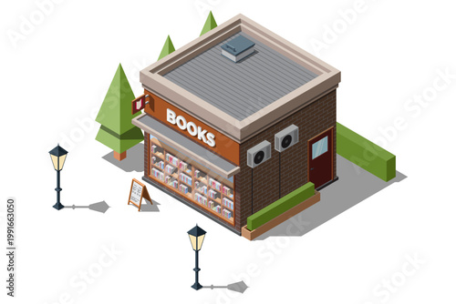 Isometric bookshop. Bookstore. Isometric vector bookshop building. Isometric exterior of bookshop. Isometric of street shop building