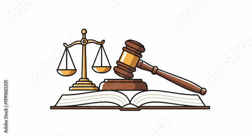 Scales of justice, gavel, and an open book on white background