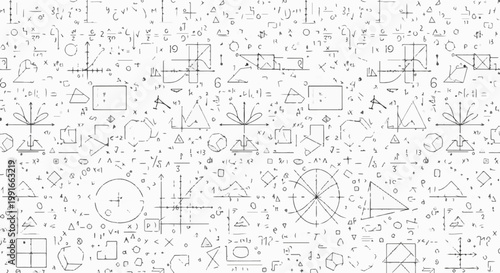 Scattered mathematical equations, graphs, and geometric shapes fill the frame