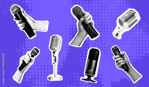 Microphone cutout halftone and collage retro vintage with voice media vector. Trendy hand art and music sound pop with poster mic isolated. Paper microphone mouth and set collage audio.