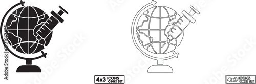 Global Vaccination Syringe and World Globe Vector Icon Set