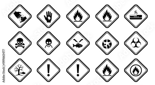 Comprehensive set of general hazard and warning symbols in black outline on an isolated white background.
