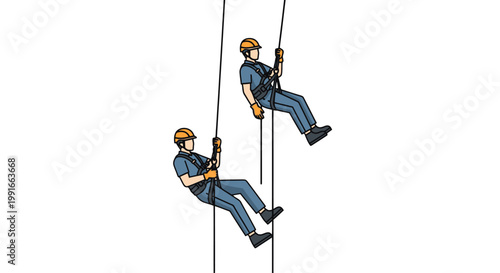 Two male industrial workers performing rope access rappelling wearing safety helmets and harnesses on an isolated white background.