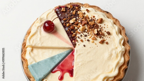 Delicious Cream Pie with Chocolate, Cherry and Nut Toppings in Elegant Presentation