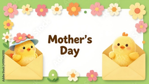 Playful Chicks in Envelopes Surrounded by Colorful Flowers for Mother's Day Celebration