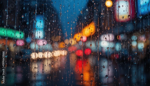Raindrops on a Window with Blurred City Lights and Reflections in a Vibrant Urban Nightscape