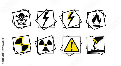 Collection of hazardous warning signs and symbols.