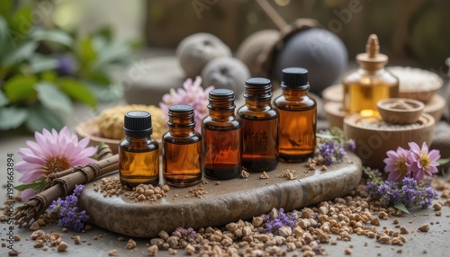 Assorted Amber Essential Oil Bottles on Stone Platter Surrounded by Herbs and Flowers in Natural Setting