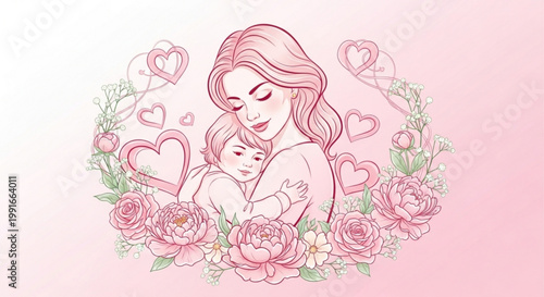 Mother tenderly cradling infant surrounded by soft pink background with blooming roses and floating hearts illustration