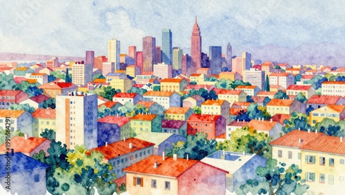 Vibrant Watercolor Cityscape Featuring Colorful Rooftops and Tall Buildings Under Bright Sky