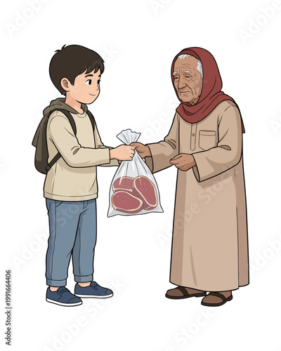Flat style illustration, boy distributes plastic bags containing sacrificial meat to the poor as a form of charity on Eid al-Adha