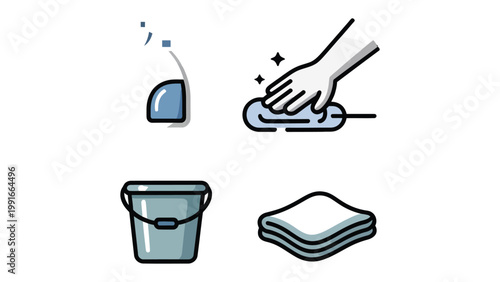 Cleaning Tools Illustration: A collection of simple illustrations depicting essential cleaning tools, including a spray bottle, a hand wiping a surface with a cloth, a bucket, and a clean cloth.